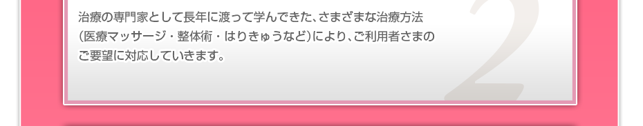 治療の専門家として長年に渡って学んできた、さまざまな治療方法(医療マッサージ・整体術・はりきゅうなど)により、ご利用者さまのご要望に対応していきます。