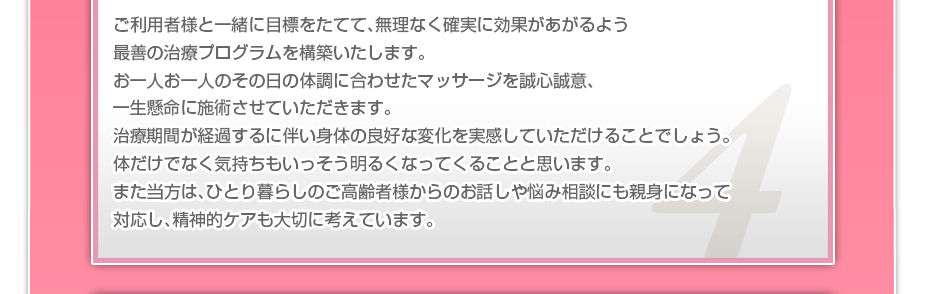 ご利用者様と一緒に目標をたてて、無理なく確実に効果があがるよう最善の治療プログラムを構築いたします。お一人お一人のその日の体調に合わせたマッサージを誠心誠意、一生懸命に施術させていただきます。治療期間が経過するに伴い身体の良好な変化を実感していただけることでしょう。体だけでなく気持ちもいっそう明るくなってくることと思います。また当方は、ひとり暮らしのご高齢者様からのお話しや悩み相談にも親身になって対応し、精神的ケアも大切に考えています。