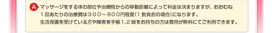 マッサージをする体の部位や治療院からの移動距離によって料金は決まりますが、 おおむね1回あたりの治療費は300~600円程度(1割負担の場合)になります。 生活保護を受けている方や障害者手帳をお持ちの方は費用が無料にてご利用できます。